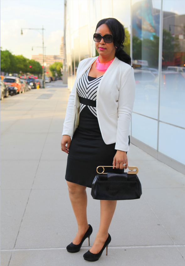 My style: Black and white stripes -  Ronen Chen Queens dress, Bodhi Safety Pin clutch bag, Charles by Charles David suede pumps, H&M neon lucite collar necklace, kate spade new york Midas Touch Idiom bangle, Fendi sunglasses, Baublebar earrings