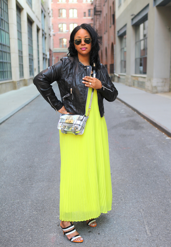 My style: Neon & leather (Leather moto jacket + Victoria's Secret pleated maxi dress + Bottega Veneta sandals), Neon pleated dress
