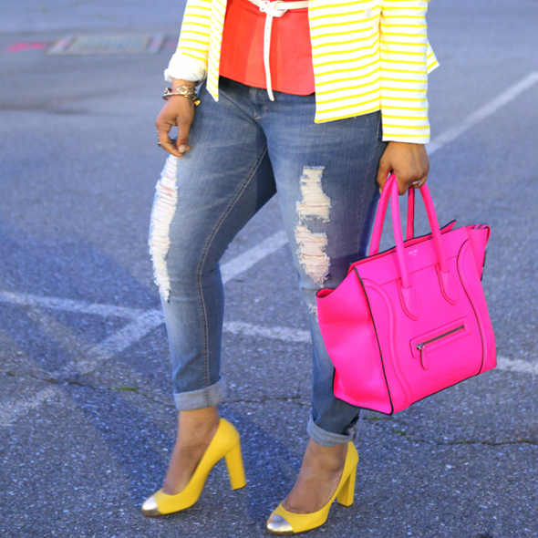 My style - Color trio: Isaac Mizrahi yellow and white Striped Blazer, Jaye.E coral Faux Leather Peplum Top, H&M studded belt, Mossimo Supply Co. Juniors Skinny Denim - Light Destructed, fluro pink Celine Leather Luggage Tote, J.Crew yellow Etta gold Cap-Toe Pumps