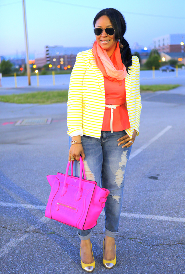 My style - Color trio: Isaac Mizrahi yellow and white Striped Blazer, Jaye.E coral Faux Leather Peplum Top, H&M studded belt, Mossimo Supply Co. Juniors Skinny Denim - Light Destructed, fluro pink Celine Leather Luggage Tote, J.Crew yellow Etta gold Cap-Toe Pumps