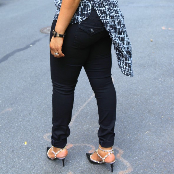 FATE Printed Button Front Tank with Leather Collar, Rose Royce Skinny Fit & Black Wash jeans, Valentino Rockstud Pumps, 3.1 Phillip Lim Pashli Satchel, yellow, MAC Russian Red lipstick, top knot