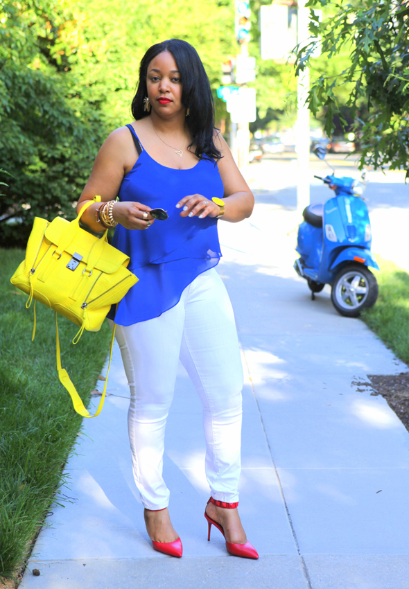 My style: Red, white and blue - Naked Zebra Spaghetti Strap Asymmetrical Top, James Jeans Twiggy Skinny Jean in White, B Brian Atwood Mercada Stud Pumps in Red, 3.1 Phillip Lim Medium Pashli Satchel with Strap in Electric Yellow, MAC RiRi Woo Lipstick, Eric Weiner Cicada Earrings, Ray-Ban Aviator Sunglasses, Hermes Hapi 2 Wrap Bracelet, glint & gleam 'Sharp as a Razor Bracelet', ASOS Spike Bracelet and Rings, Beyond Rings I Love New York Necklace