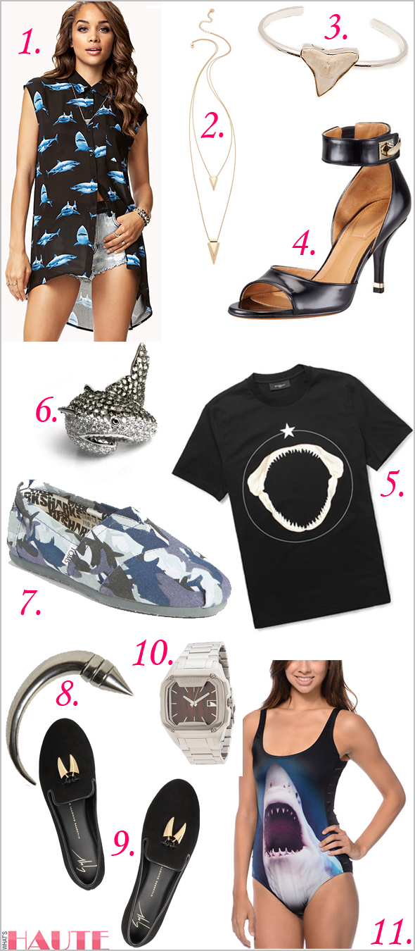 Shark Week style - fashion and accessories Shark Print High-Low Shirt, Jules Smith Shark Necklace, Fashionology The Upper Shark Tooth Casing Bangle, Givenchy High-Heel Ankle-Wrap Shark-Tooth Sandal, Givenchy Shark Teeth-Print Cotton T-Shirt, nOir Natalie the Shark Cubic Zirconia Pave and Rhodium Plated Shark Ring, TOMS 'Classic - Shark Week' Slip-On (Women) (Limited Edition), GIVENCHY Large Cone Shark Brass Mono Earring, Giuseppe Zanotti Sharks Tooth embellished suede slippers, Freestyle® Killer Shark Woody watch, Billabong Muller One Piece Shark Swimsuit
