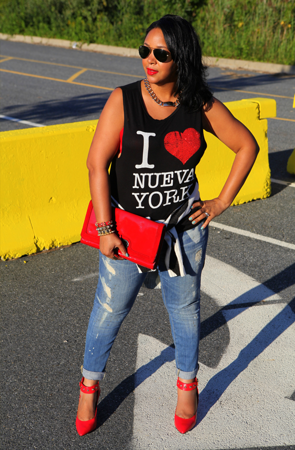 What I'm wearing: I Love Nueva York tee, H&M Knit zigzag print Sweater, Vince distressed denim jeans, red BCBGeneration Olga pumps, Ray-Ban Aviator sunglasses, Betsey Johnson Lipstick Fever Clutch