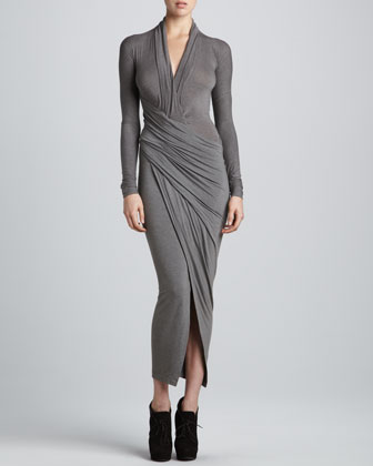 Grey Donna Karan Draped Plunging-Neck Dress - as seen on Jennifer Hudson and Kim Kardashian