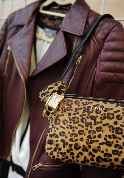 My styled look: Hugo Boss oxblood leather biker jacket, Express moto jeans, Vince silk blouse, Fossil Florence Three Hand Stainless Steel Watch in Gold-Tone with Tort, Cheetah Flex Cuff, Memoir Top Zip Hair Calf Pocketbook in Black w/ Cheetah