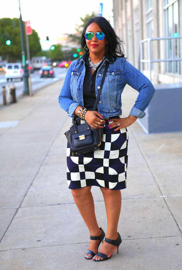 My style: AE Denim Jacket | 3.1 Phillip Lim for Target Mini Satchel | J.Crew Factory Printed Pencil Skirt in Stretch Cotton, Navy Geo | Corso Como Delilah Sandals | Lauren Ralph Lauren Leather Belt | J.Crew Crystal Wildflowers Necklace | Forever 21 Blue Mirrored Aviator Sunglasses