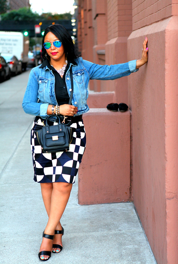 My style: AE Denim Jacket | 3.1 Phillip Lim for Target Mini Satchel | J.Crew Factory Printed Pencil Skirt in Stretch Cotton, Navy Geo | Corso Como Delilah Sandals | Lauren Ralph Lauren Leather Belt | J.Crew Crystal Wildflowers Necklace | Forever 21 Blue Mirrored Aviator Sunglasses