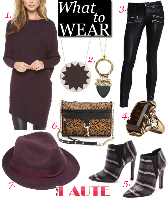 What to Wear on Thanksgiving: Paige Edgemont Wax Coated Ultra Skinny jeans, Three Dots Asymmetrical Tunic / Dress, Studio Pollini Snake High Heel Booties, House of Harlow 1960 Sunburst Pendant Necklace, House of Harlow 1960 Plectra Pendant Necklace, Catarzi Exclusive To ASOS Petite Fedora Hat, Rebecca Minkoff Haircalf MAC Clutch, Ann Taylor Botanical Stone Cocktail Ring