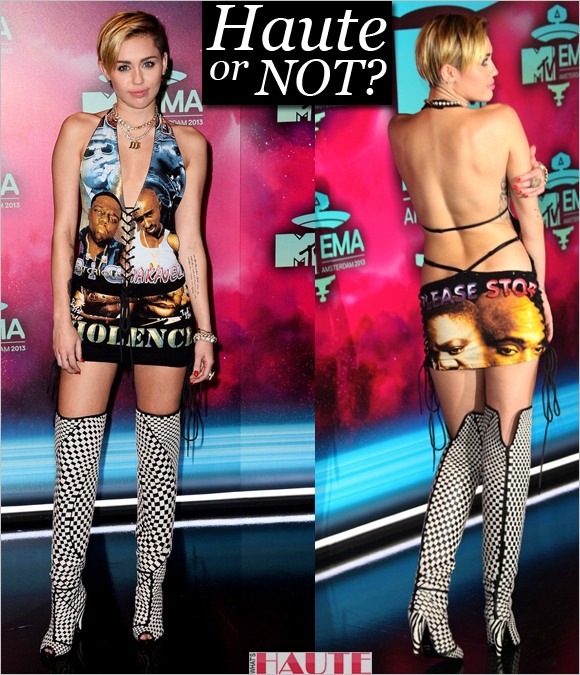 Haute or Not: Miley Cyrus at the EMAs in a New York Vintage dress ft. Biggie & Tupac
