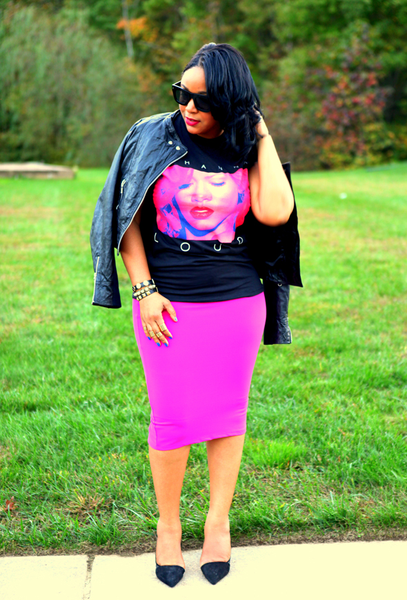 My style: Bagatelle leather moto jacket | Rihanna LOUD Tour T-shirt | bebe Solid Midi Skirt | Lanvin for H&M men's sunglasses | Zara suede D'Orsay pumps | ASOS gold band rings | Baublebar & Gorjana Griffin bracelets | RiRi Hearts MAC lipstick in Heaux