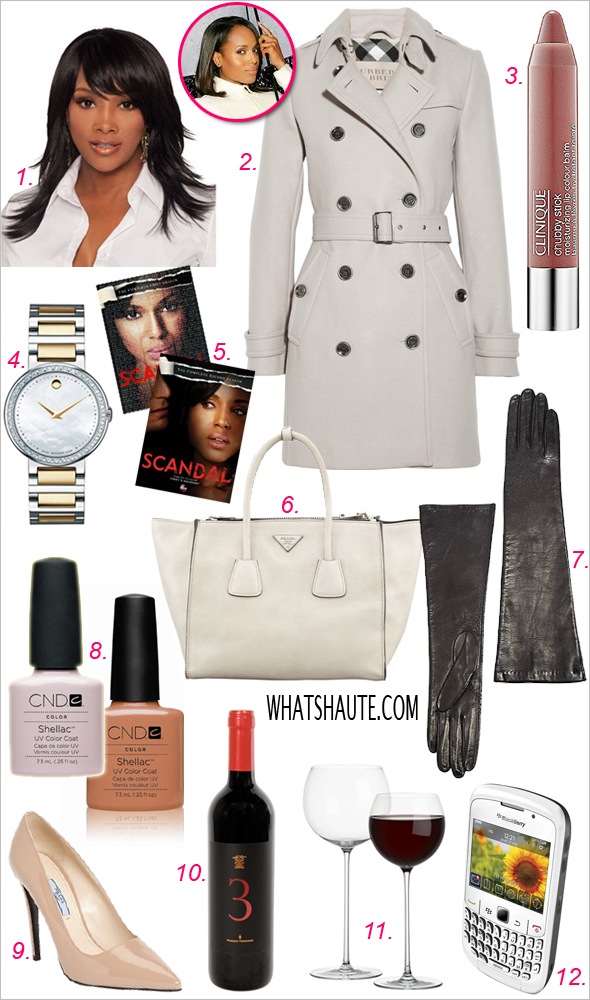 12 Haute holiday gifts for the Scandal lover: Merle by Vivica Fox wig, Burberry Brit Mid-length wool-blend trench coat, Denise Hooper, Scandal's makeup department head says stick with a natural color palette since Olivia wears neutral colored clothes so Clinique Chubby Stick Moisturizing Lip Colour Balm in Whole Lotta Honey, Movado Ladies' Concerto Two-Tone Diamond Watch, Scandal: The Complete First Season (2012) and Scandal: The Complete Second Season (2013), Prada Glace Calf Twin Pocket Tote Bag, Off White, Saks Fifth Avenue Collection Opera Leather Gloves, signature shade is CND Cosmetics Shellac Cocoa layered with CND Cosmetics Shellac Romantique created by CND manicurist Lisa Wong, Prada Pointy Toe Pumps, Nude, 2009 PoggioVerrano 3 Red Blend (part of the A Taste of Italy TRIO, 2009 Fietri Chianti Classico Riserva, Camille Wine Glasses, BlackBerry 8520 Unlocked Smartphone for GSM Network - White