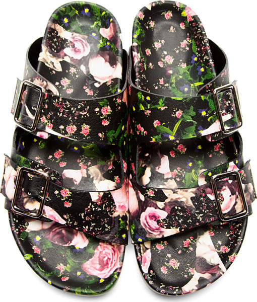 Givenchy Black Leather Floral Print Slip-On Sandals - Birkenstocks - throwback trends