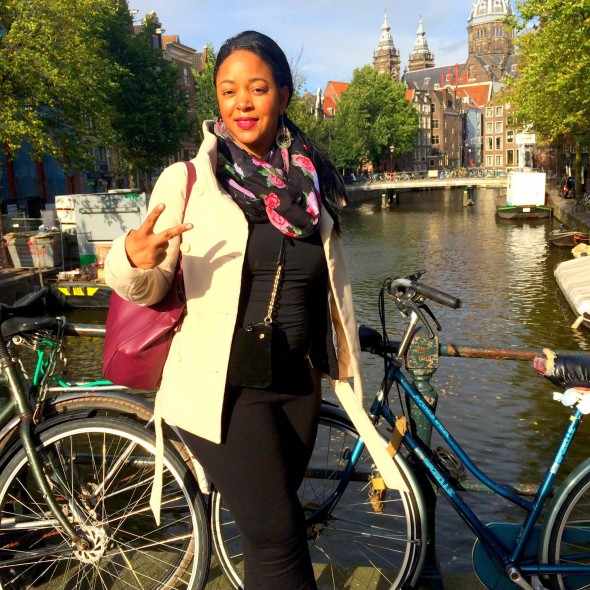 Wearing an H&M pea coat and Sole Society infinity scarf in Amsterdam