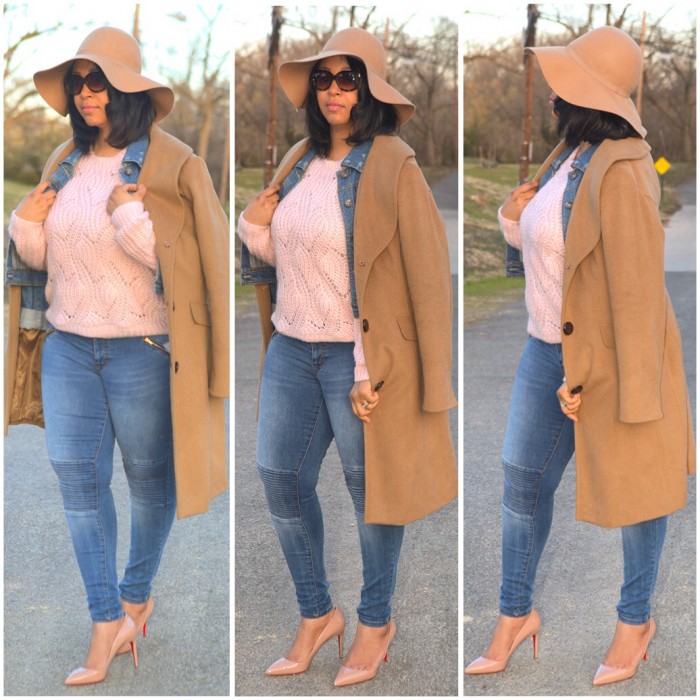 How to Wear Spring Neutrals - What I'm Wearing: Camel Floppy Hat, Camel Coat, Kensie Denim Jacket, Pink H&M Knit Sweater, Mossimo Moto Jeans, Nude Christian Louboutin Pigalle 85 Pumps, Pour la Victoire Bordeaux Calf Hair Tote, Isaac Mizrahi New York 50mm Sunglasses