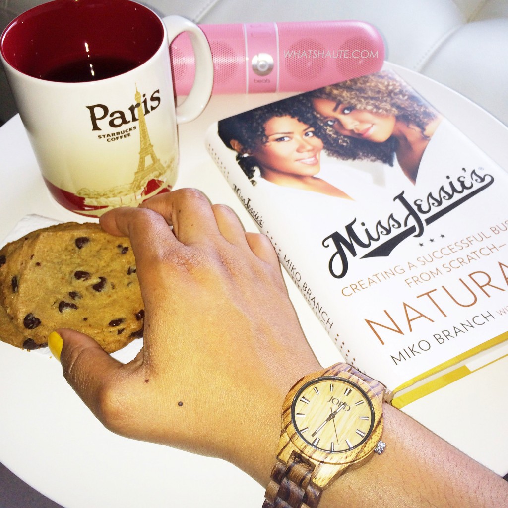 JORDWatch Fieldcrest series watch in Zebrawood & Maple, Miss Jessie's: Creating a Successful Business from Scratch - Naturally, Starbucks Paris mug, Beats Pill, Chocolate chip cookie