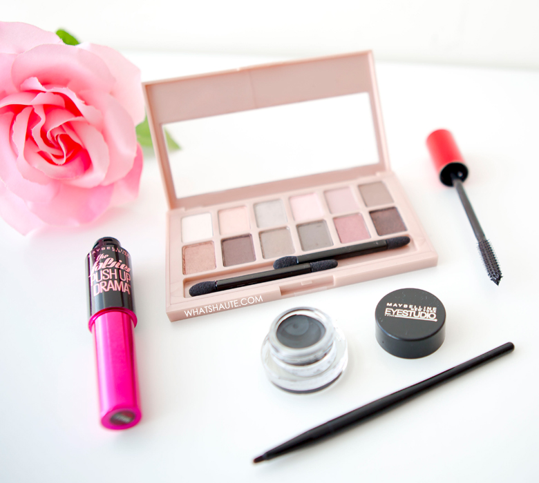 Valentine's Day beauty look - Maybelline The Blushed Nudes palette, Falsies Push Up Drama Mascara, and Eye Studio® Lasting Drama™ Gel Eyeliner in Blackest Black