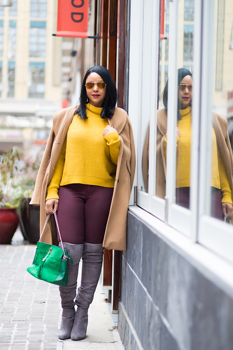 My Style: For the Love of Colors - What I'm Wearing / Get the Look: Michael Kors Gramercy Aviator Sunglasses, Ellen Tracy Camel Coat, Old Navy Chunky Textured Cropped Sweater, Hudson Juliette burgundy coated super skinny denim jeans, Grey Suede Over the Knee Boots, Green Chain Strap Shoulder Bag