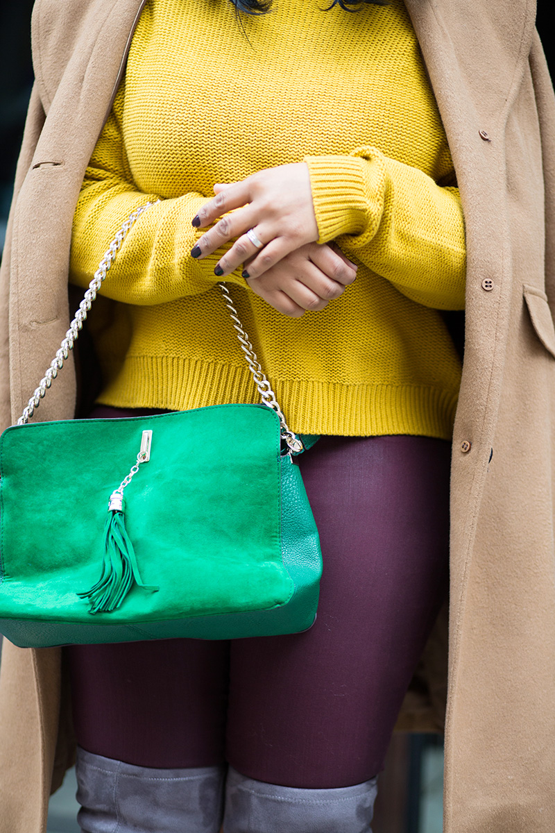 My Style: For the Love of Colors - What I'm Wearing / Get the Look: Michael Kors Gramercy Aviator Sunglasses, Ellen Tracy Camel Coat, Old Navy Chunky Textured Cropped Sweater, Hudson Juliette burgundy coated super skinny denim jeans, Grey Suede Over the Knee Boots, Green Chain Strap Shoulder Bag