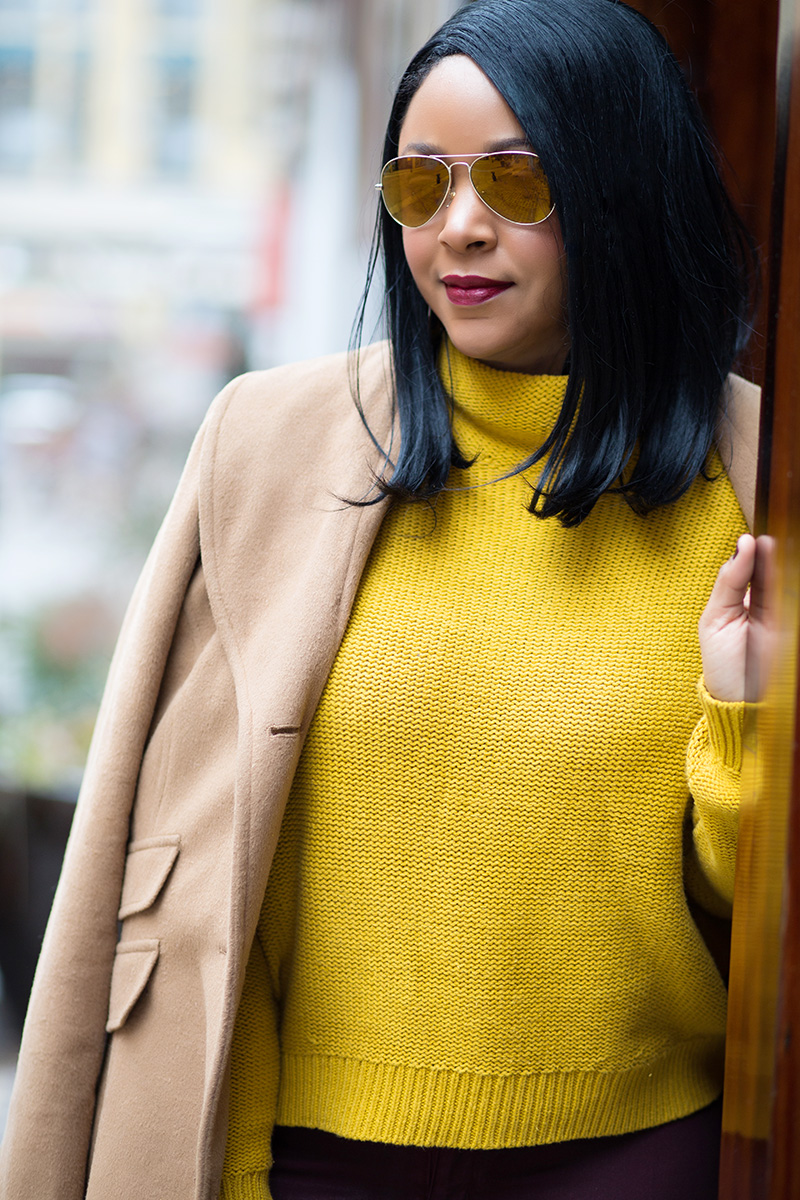 My Style: For the Love of Colors - What I'm Wearing / Get the Look: Michael Kors Gramercy Aviator Sunglasses, Ellen Tracy Camel Coat, Old Navy Chunky Textured Cropped Sweater, Hudson Juliette burgundy coated super skinny denim jeans, Grey Suede Over the Knee Boots, Green Chain Strap Shoulder Bag