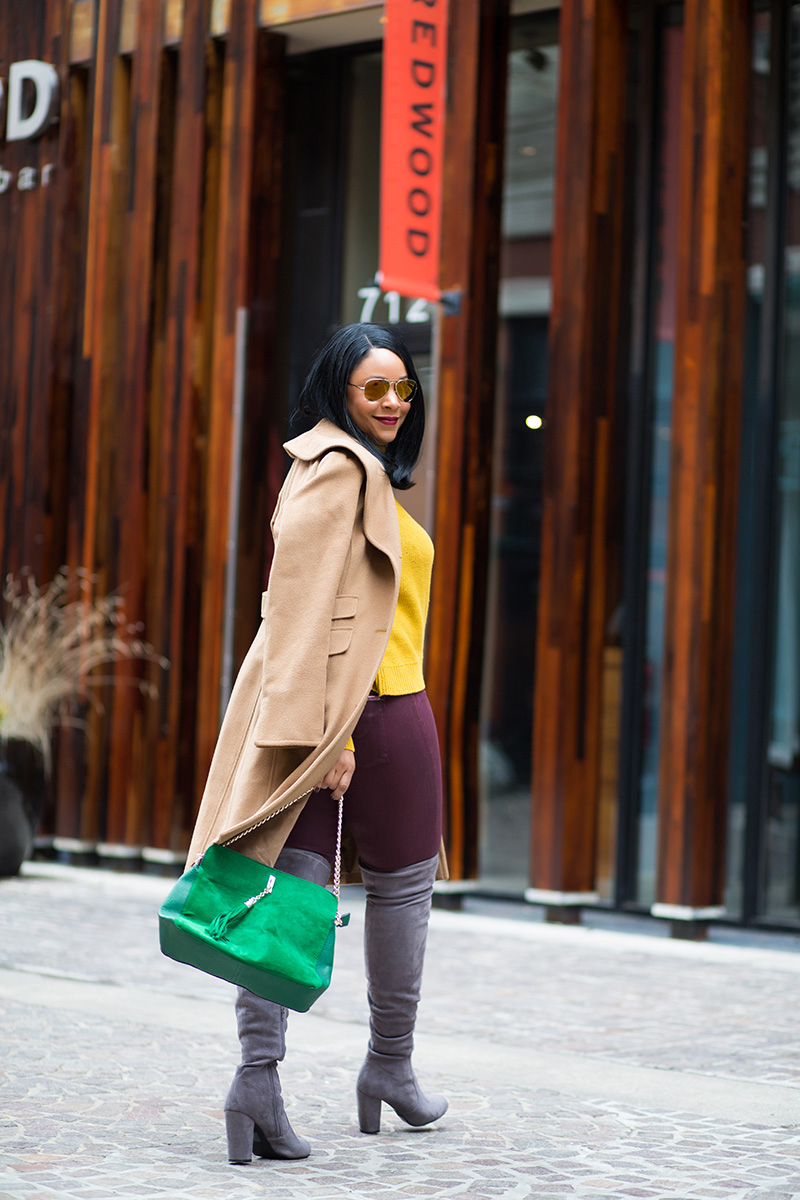 My Style: For the Love of Colors - What I'm Wearing / Get the Look: Michael Kors Gramercy Aviator Sunglasses, Ellen Tracy Camel Coat, Old Navy Chunky Textured Cropped Sweater, Hudson Juliette burgundy coated super skinny denim jeans, Grey Suede Over the Knee Boots, Green Chain Strap Shoulder Bag