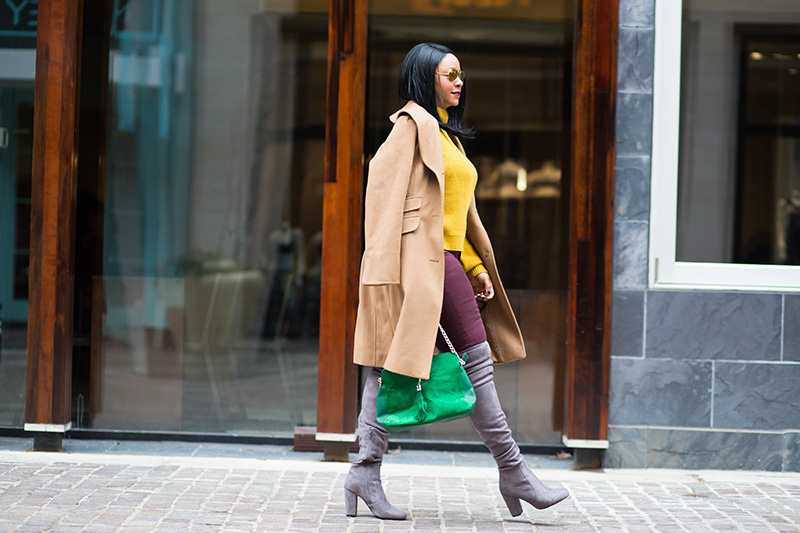 My Style: For the Love of Colors - What I'm Wearing / Get the Look: Michael Kors Gramercy Aviator Sunglasses, Ellen Tracy Camel Coat, Old Navy Chunky Textured Cropped Sweater, Hudson Juliette burgundy coated super skinny denim jeans, Grey Suede Over the Knee Boots, Green Chain Strap Shoulder Bag