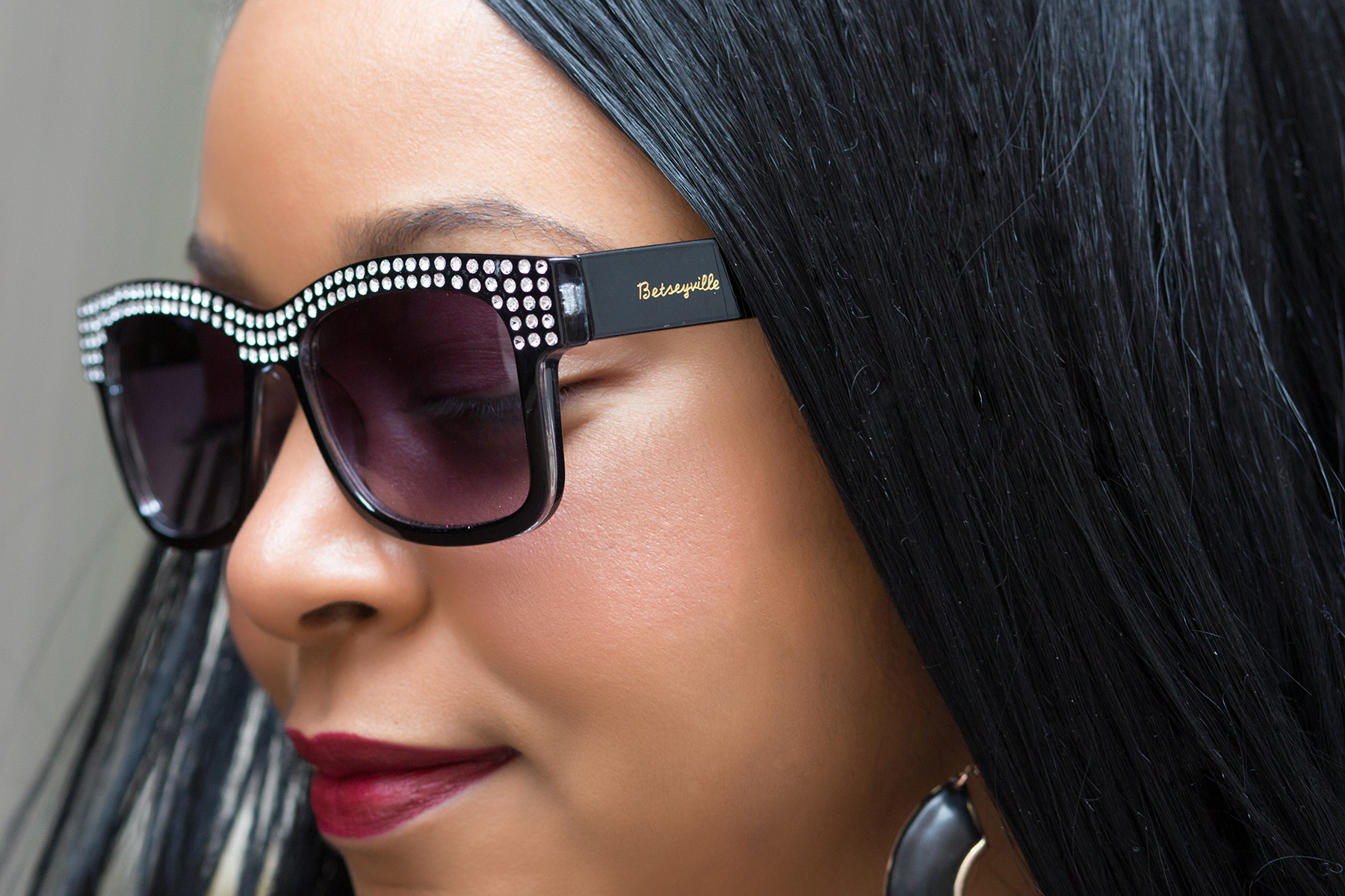 What to Wear this Valentine's Day: The Little Black Dress - What I'm Wearing: Women's Betseyville Surf Shade Sunglasses with Rhinestones and NYX Liquid Suede Cream Lipstick in Cherry Skies