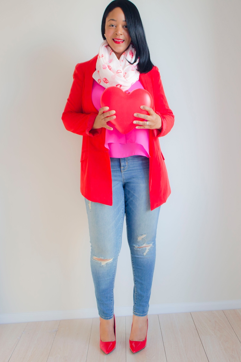 What to Wear This Valentine's Day: Casual Chic - Laundry by Shelli Segal Red Boyfriend Blazer, Hot Pink Tank Top, Manhattan Scarf Company Infinity Lip Print Scarf, Mossimo Mid-Rise Super Skinny Jean Destructed, ShoeDazzle Lipstick Heels