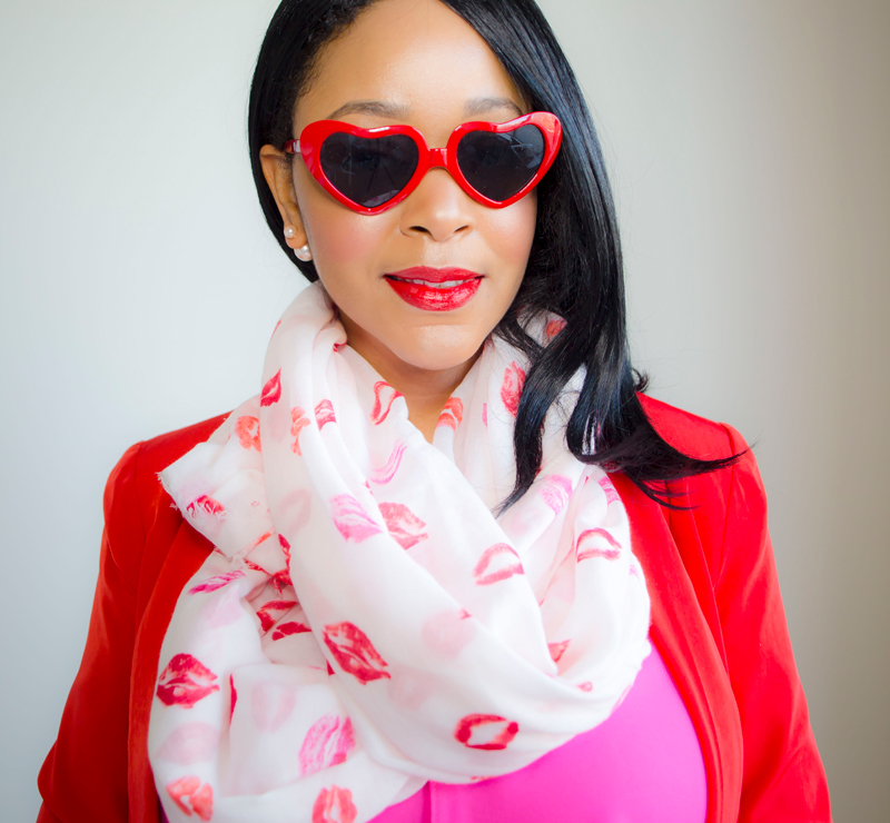 What to Wear This Valentine's Day: Casual Chic - Laundry by Shelli Segal Red Boyfriend Blazer, Hot Pink Tank Top, Manhattan Scarf Company Infinity Lip Print Scarf, Mossimo Mid-Rise Super Skinny Jean Destructed, ShoeDazzle Lipstick Heels