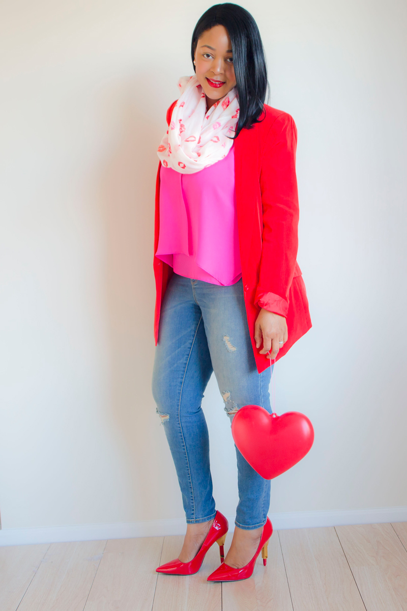 What to Wear This Valentine's Day: Casual Chic - Laundry by Shelli Segal Red Boyfriend Blazer, Hot Pink Tank Top, Manhattan Scarf Company Infinity Lip Print Scarf, Mossimo Mid-Rise Super Skinny Jean Destructed, ShoeDazzle Lipstick Heels