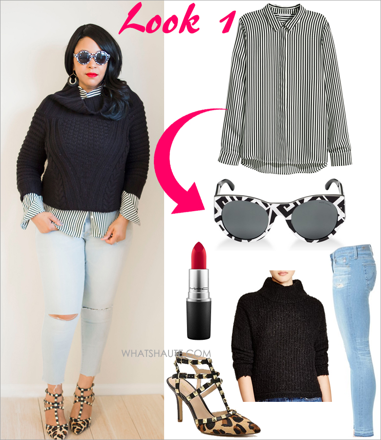 Three Ways to Wear: A Striped Blouse - H&M black and white Striped Long-sleeved Blouse, Peter Pilotto for Target sunglasses, MAC RiRi Woo red matte Lipstick, H&M Chunky Knit Sweater, Mossimo Mid-Rise Slit Knee Cropped Jean Light Denim, BCBGeneration Darron Leopard studded Pumps