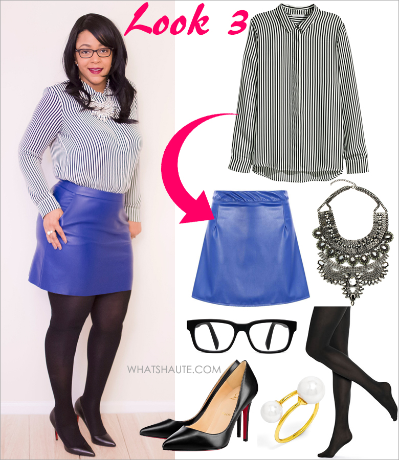 Three Ways to Wear: A Striped Blouse - H&M black and white Striped Long-sleeved Blouse, Anna Sui Women's AS 514 Black Frame Glasses, BaubleBar 'Snowball' Faux Pearl Wrap Ring, boohoo.com Luna Faux Leather A Line Mini Skirt, Christian Louboutin Pigalle Follies Point-Toe Red Sole Pump, Hue tights, Eye Candy Los Angeles Jania Necklace