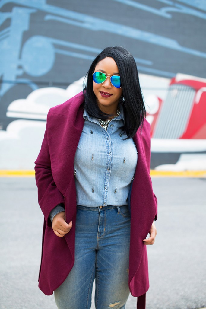 Canadian Tuxedos and Olivia Pope coats, T Tahari Women's Marla Wool Wrap Coat, J.Crew. Blue Boy Shirt in Beaded Chambray, Mossimo Women's High Rise Destructed Jeggings, Topshop Genie Lace-Up Pumps in suede, blue Aviator Sunglasses