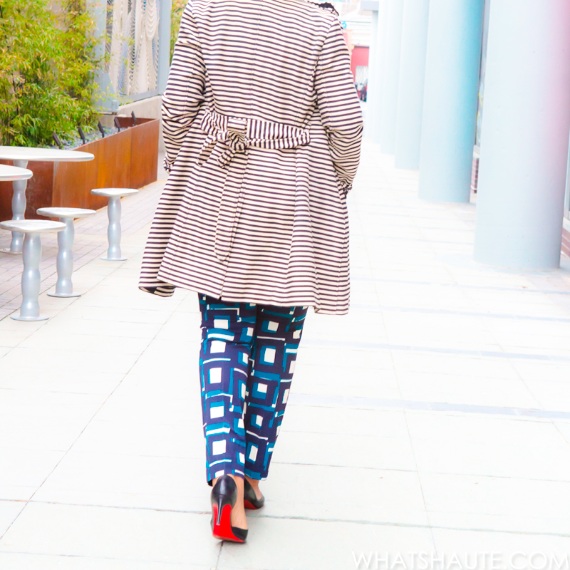 What to Wear to Work This Week: LOFT Striped trench coat, Greylin Silk Top (fuchsia), Banana Republic Sloan-Fit Geo Slim Ankle Pant, Christian Louboutin D'Orsay Pumps