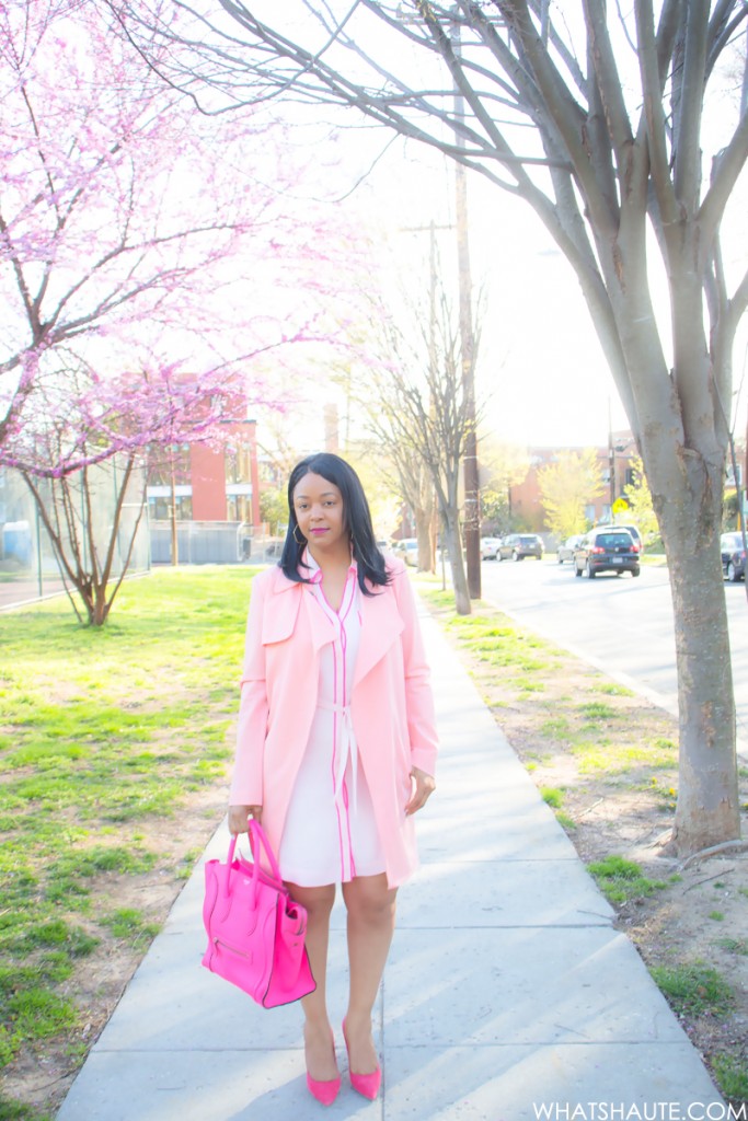 Pink Overload - What I'm Wearing: Mural Open Front, Express Factory Shirt Dress, Celine Leather Luggage Tote in Fluro Pink, Topshop pink Suede Pumps