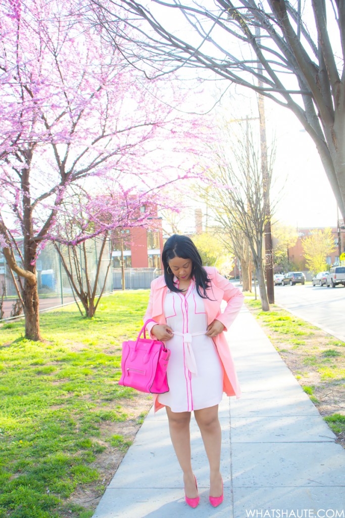 Pink Overload - What I'm Wearing: Mural Open Front, Express Factory Shirt Dress, Celine Leather Luggage Tote in Fluro Pink, Topshop pink Suede Pumps