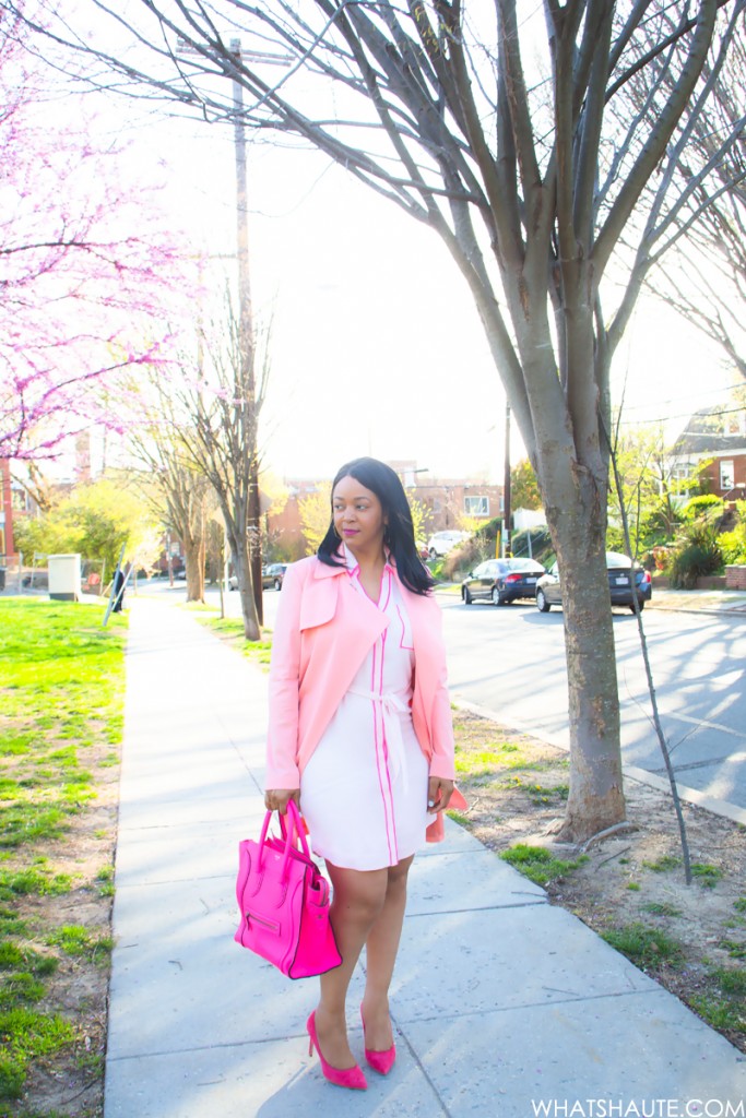 Pink Overload - What I'm Wearing: Mural Open Front, Express Factory Shirt Dress, Celine Leather Luggage Tote in Fluro Pink, Topshop pink Suede Pumps