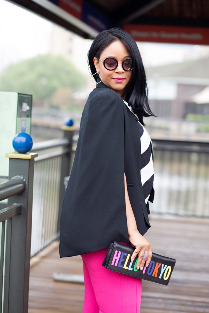 What I'm Wearing: Women's Round Sunglasses, ASOS Stripe Cross Front top, Marina Rinaldi hot pink High Waist trouser pants, Christian Louboutin Pigalle Follies Pointy Toe Pumps, Kate Spade New York Hello Tokyo clutch