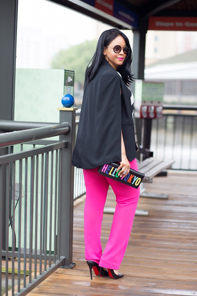 What I'm Wearing: Women's Round Sunglasses, ASOS Stripe Cross Front top, Marina Rinaldi hot pink High Waist trouser pants, Christian Louboutin Pigalle Follies Pointy Toe Pumps, Kate Spade New York Hello Tokyo clutch