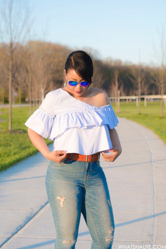 Three Trends, One Top: One-shoulder asymmetric ruffle blouse, high-waist distressed denim jeans, Blue Mirrored Aviators, French Connection Katrin Leather Sandals