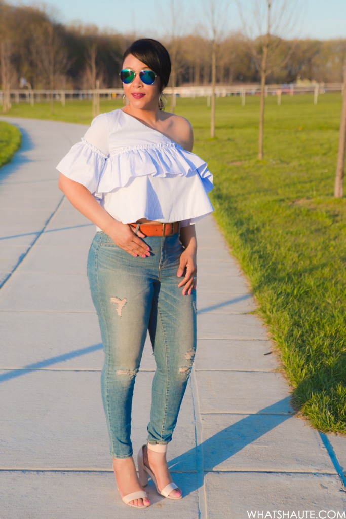 Three Trends, One Top: One-shoulder asymmetric ruffle blouse, high-waist distressed denim jeans, Blue Mirrored Aviators, French Connection Katrin Leather Sandals