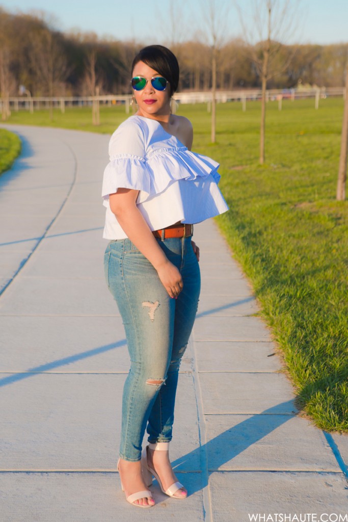 Three Trends, One Top: One-shoulder asymmetric ruffle blouse, high-waist distressed denim jeans, Blue Mirrored Aviators, French Connection Katrin Leather Sandals