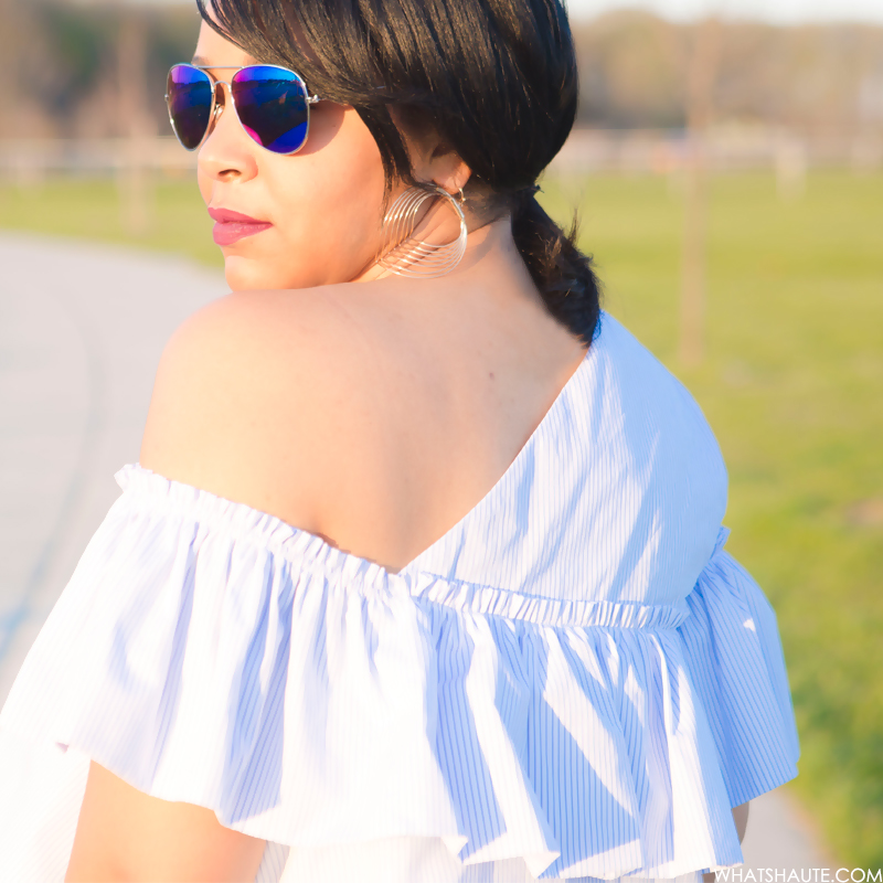 Three Trends, One Top: One-shoulder asymmetric ruffle blouse, high-waist distressed denim jeans, Blue Mirrored Aviators, French Connection Katrin Leather Sandals