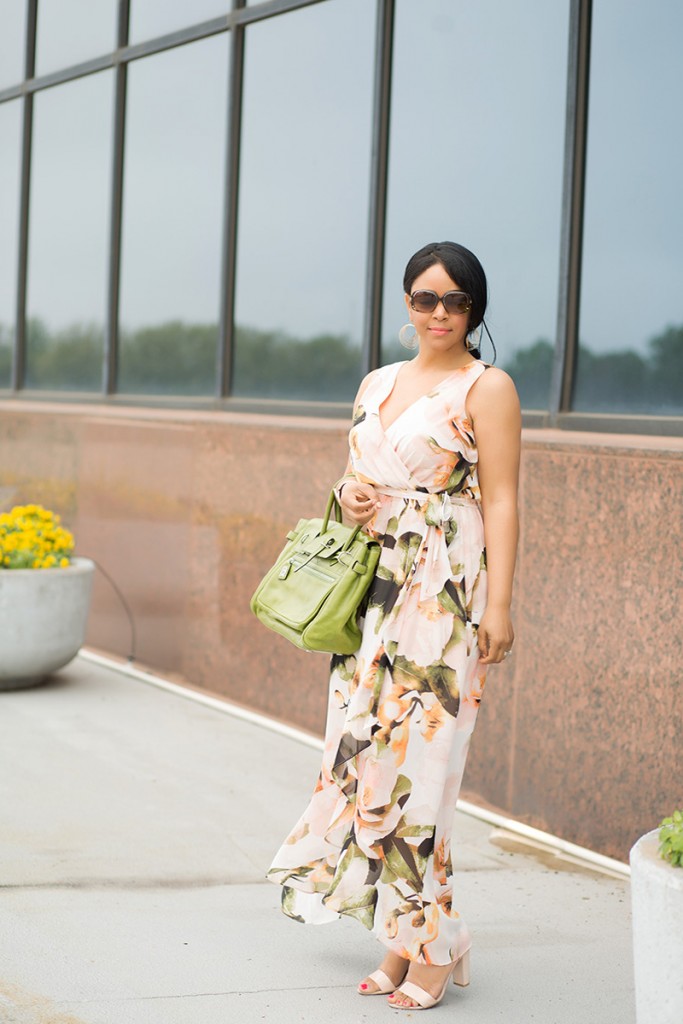 What's Haute / What I'm Wearing: Sangria Chaya Floral Faux-Wrap Maxi Dress, Leonello Borghi Luna Medium Satchel, Gold Women's Cuff Bracelet with Casted Leaf from Target, French Connection Katrin Dress Sandal, outfit of the day, floral dresses