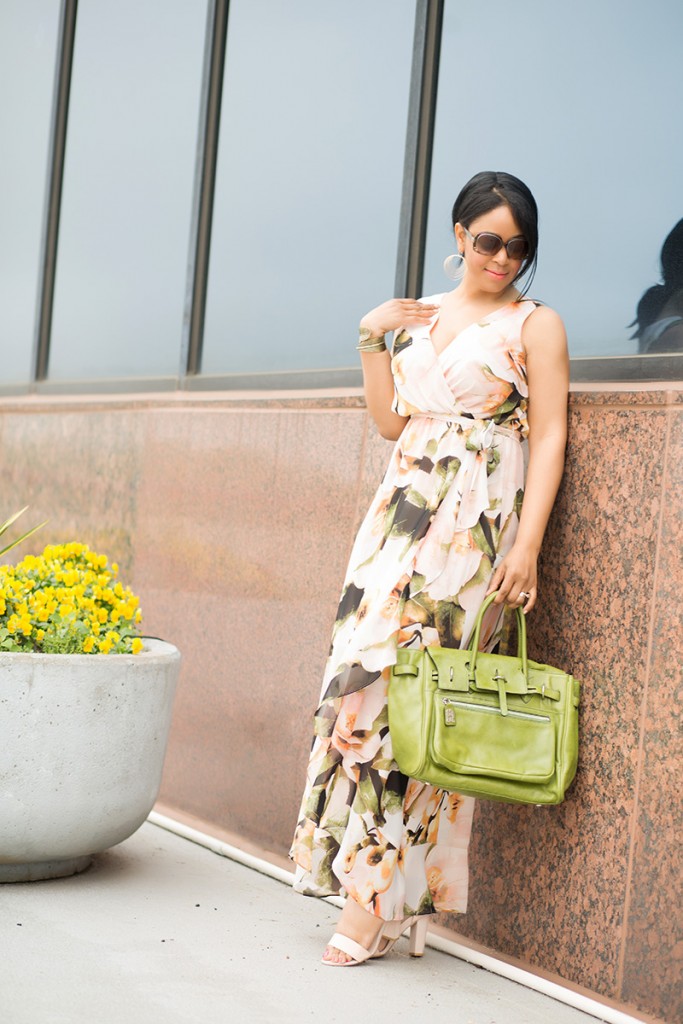 What's Haute / What I'm Wearing: Sangria Chaya Floral Faux-Wrap Maxi Dress, Leonello Borghi Luna Medium Satchel, Gold Women's Cuff Bracelet with Casted Leaf from Target, French Connection Katrin Dress Sandal, outfit of the day, floral dresses