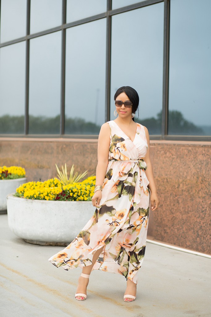 What's Haute / What I'm Wearing: Sangria Chaya Floral Faux-Wrap Maxi Dress, Leonello Borghi Luna Medium Satchel, Gold Women's Cuff Bracelet with Casted Leaf from Target, French Connection Katrin Dress Sandal, outfit of the day