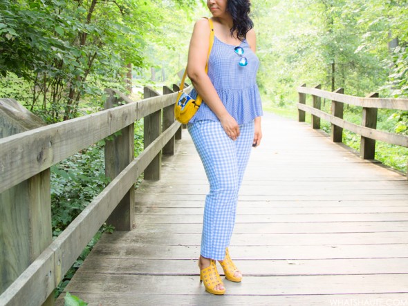 Gingham and Glow: What I'm Wearing - Blue Mirrored Aviator Sunglasses, Old Navy Gingham Peplum Cami, Old Navy Gingham Pants, West/Feren Berkshire Bag, Rockport Caged Sandals