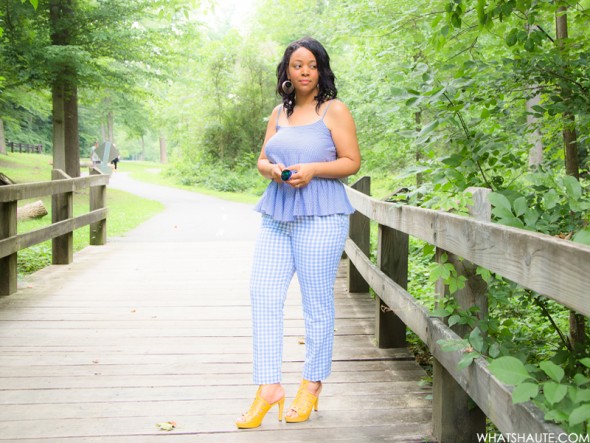 Gingham and Glow: What I'm Wearing - Blue Mirrored Aviator Sunglasses, Old Navy Gingham Peplum Cami, Old Navy Gingham Pants, West/Feren Berkshire Bag, Rockport Caged Sandals