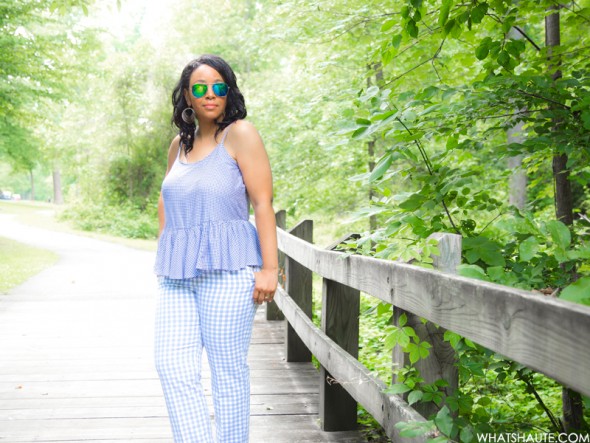 Gingham and Glow: What I'm Wearing - Blue Mirrored Aviator Sunglasses, Old Navy Gingham Peplum Cami, Old Navy Gingham Pants, West/Feren Berkshire Bag, Rockport Caged Sandals