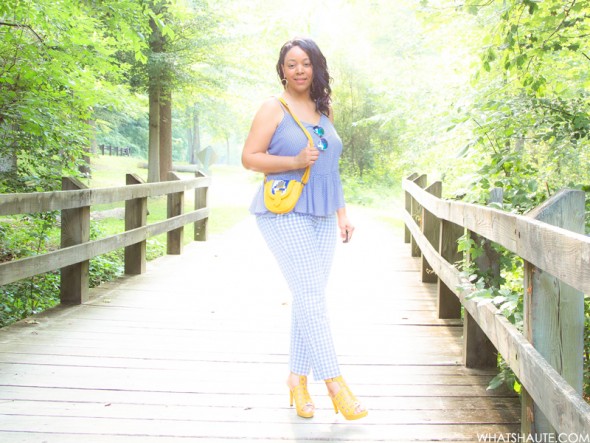 Gingham and Glow: What I'm Wearing - Blue Mirrored Aviator Sunglasses, Old Navy Gingham Peplum Cami, Old Navy Gingham Pants, West/Feren Berkshire Bag, Rockport Caged Sandals